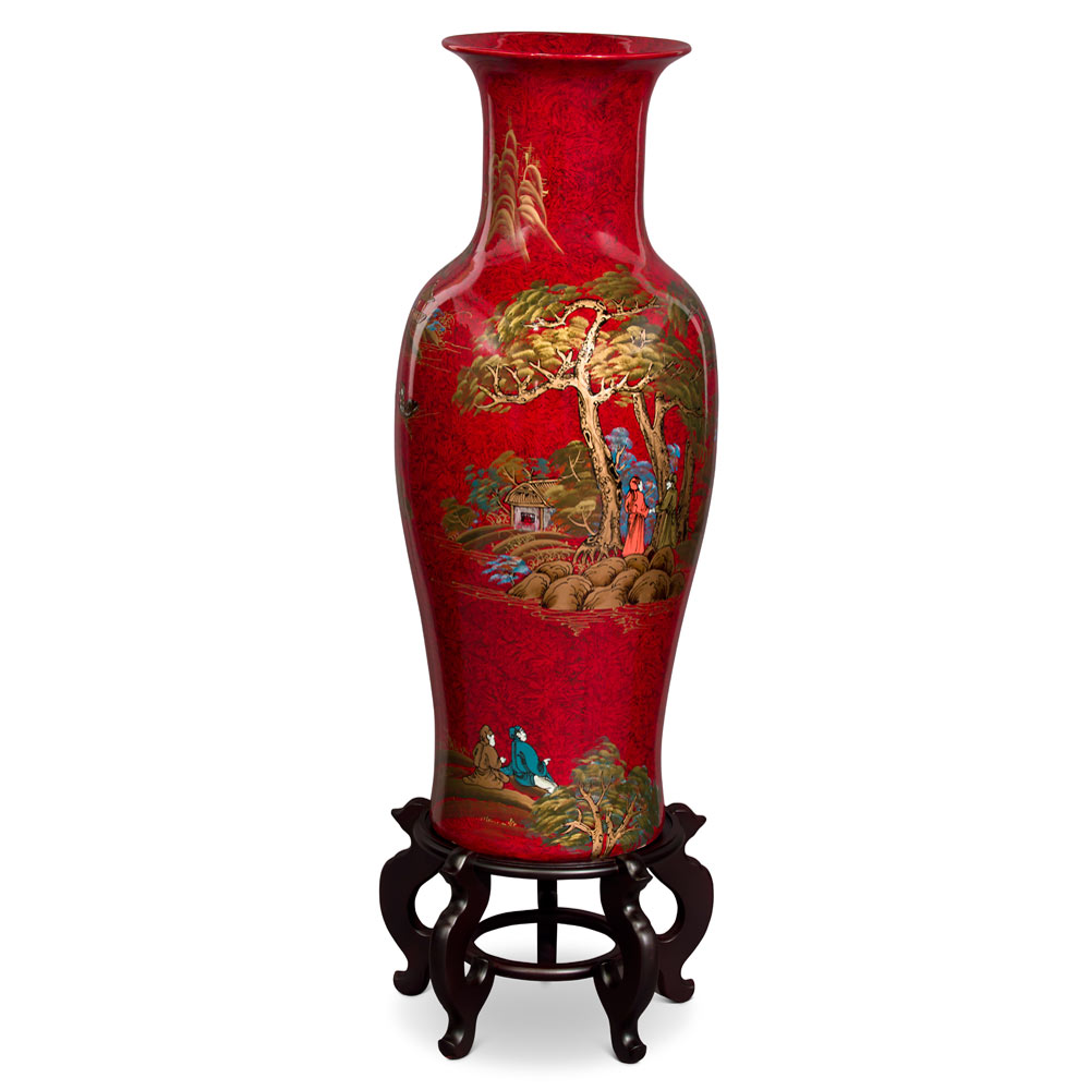 36in Red Lacquer Chinoiserie Scenery Motif Chinese Porcelain Vase