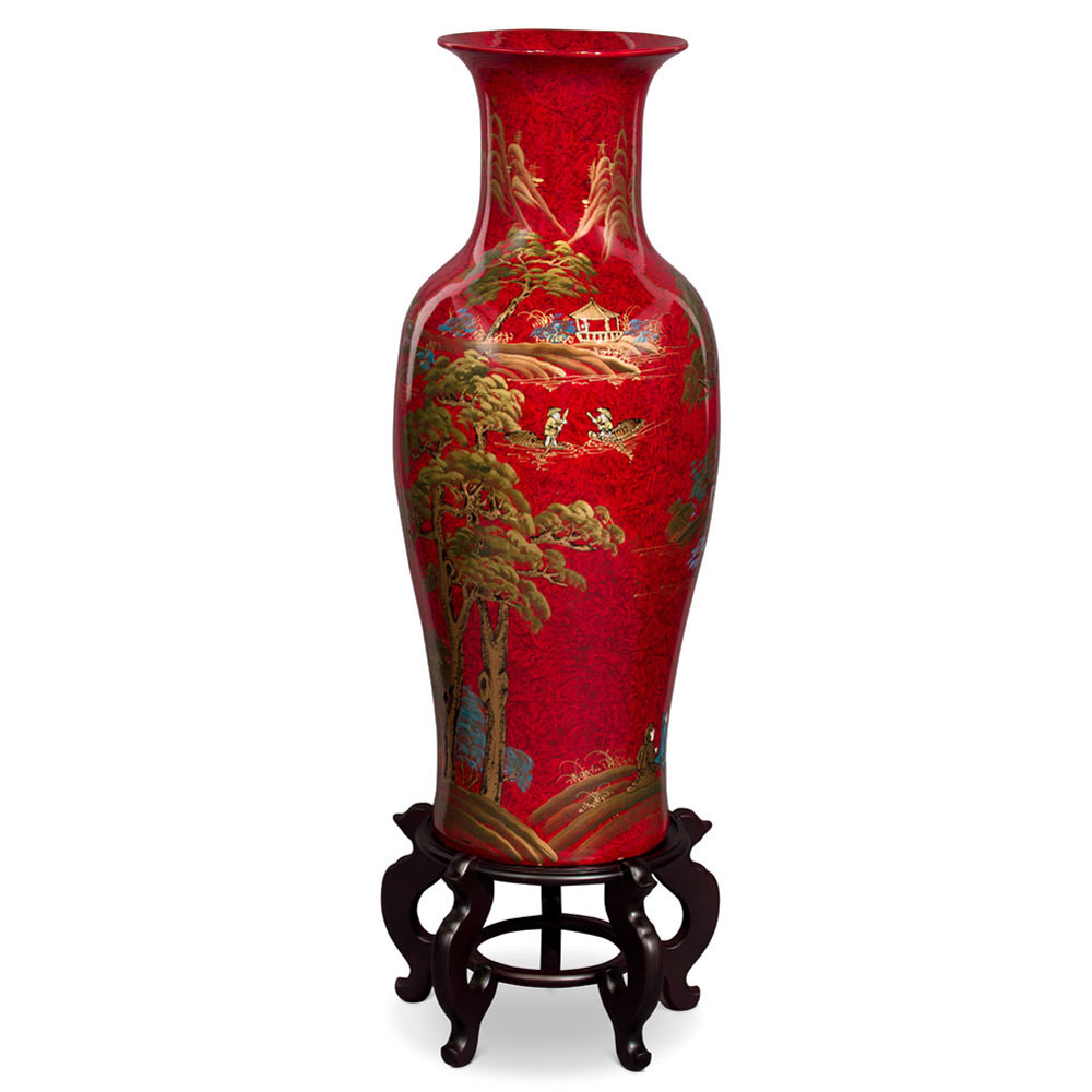 36in Red Lacquer Chinoiserie Scenery Motif Chinese Porcelain Vase