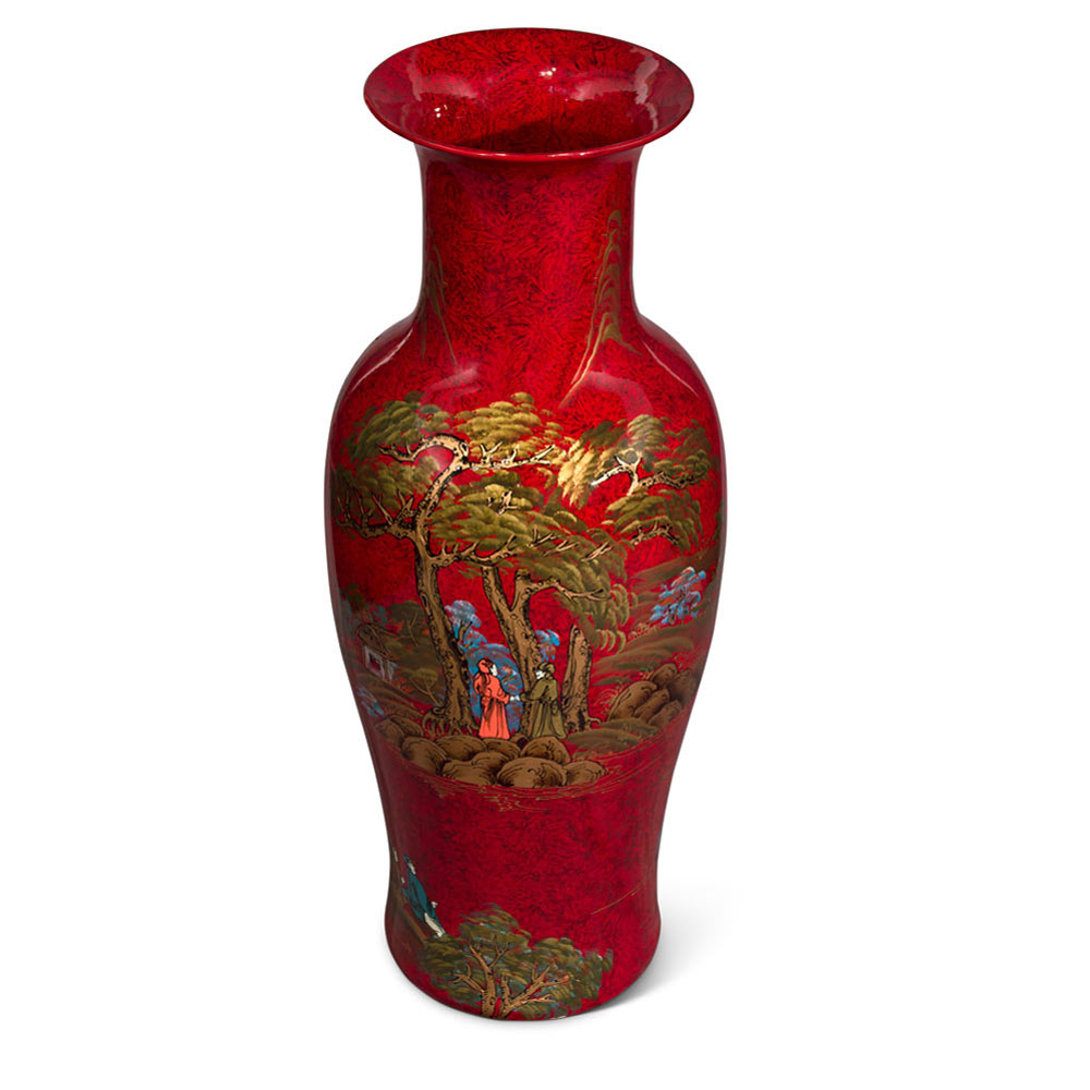 36in Red Lacquer Chinoiserie Scenery Motif Chinese Porcelain Vase