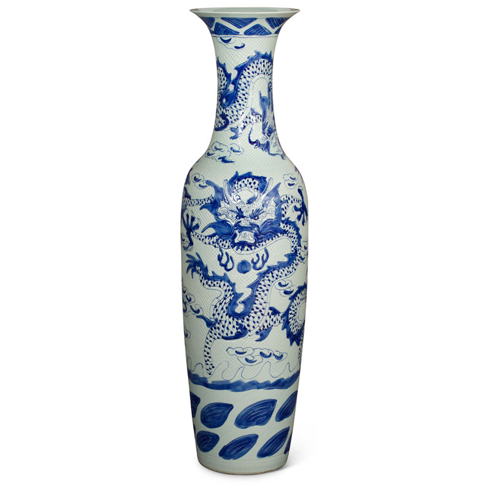 63 Inch Blue and White Porcelain Imperial Dragon Motif Chinese Jingdezhen Vase