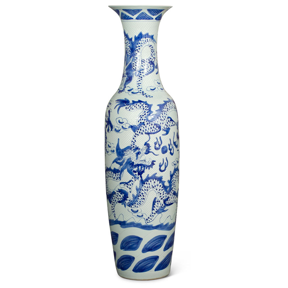 63 Inch Blue and White Porcelain Imperial Dragon Motif Chinese Jingdezhen Vase