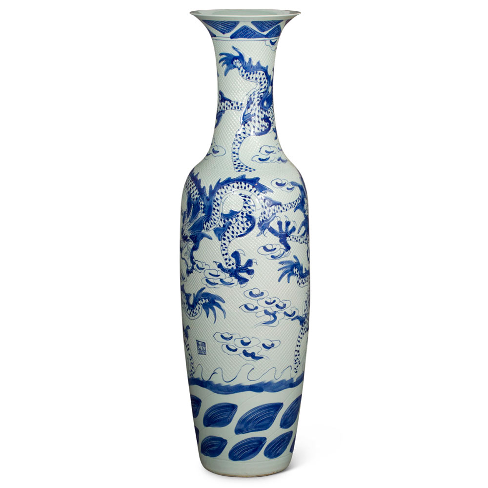 63 Inch Blue and White Porcelain Imperial Dragon Motif Chinese Jingdezhen Vase