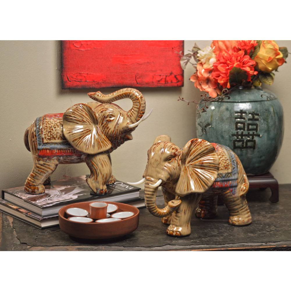 Porcelain Double Happiness Elephant Asian Statue Set