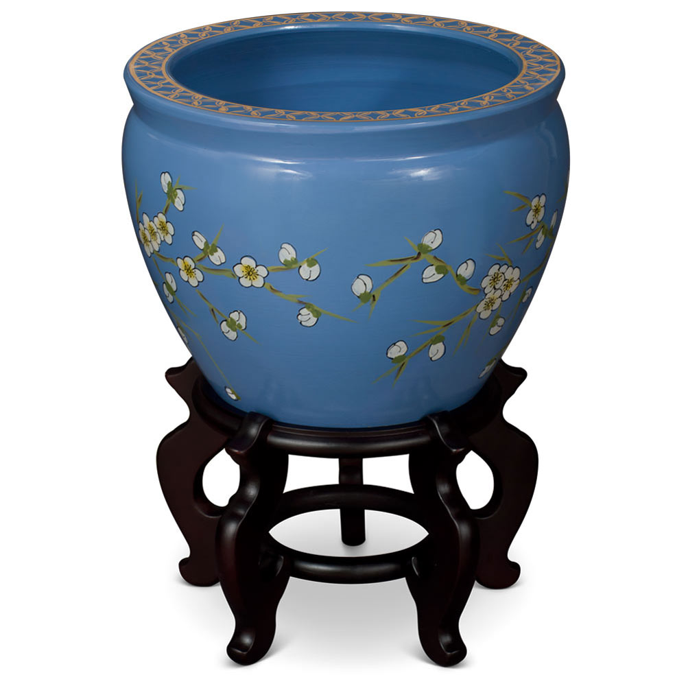 12 Inch Light Blue Porcelain Cherry Blossom Chinese Fishbowl Planter