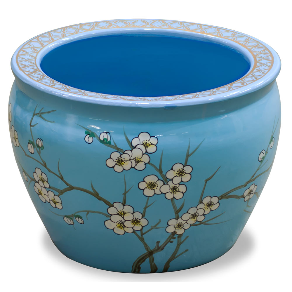 12 Inch Light Blue Porcelain Cherry Blossom Chinese Fishbowl Planter