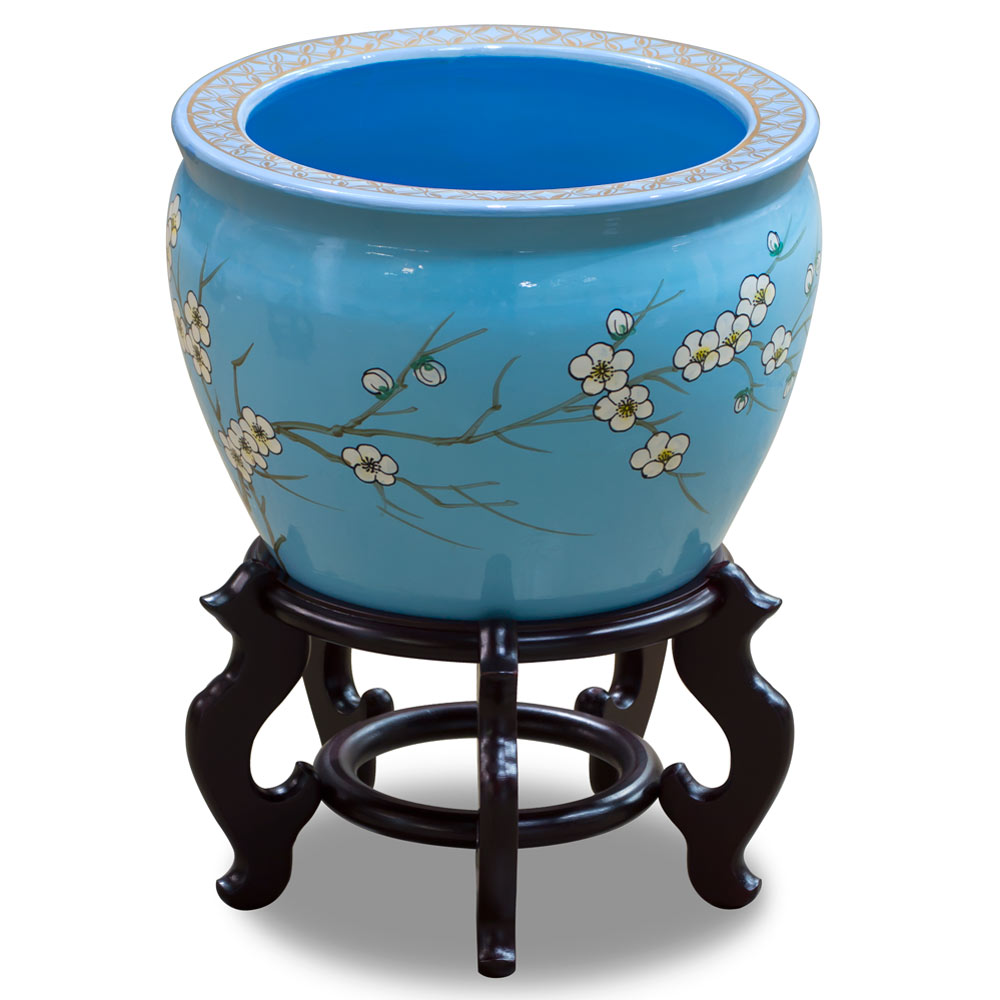 12 Inch Light Blue Porcelain Cherry Blossom Chinese Fishbowl Planter