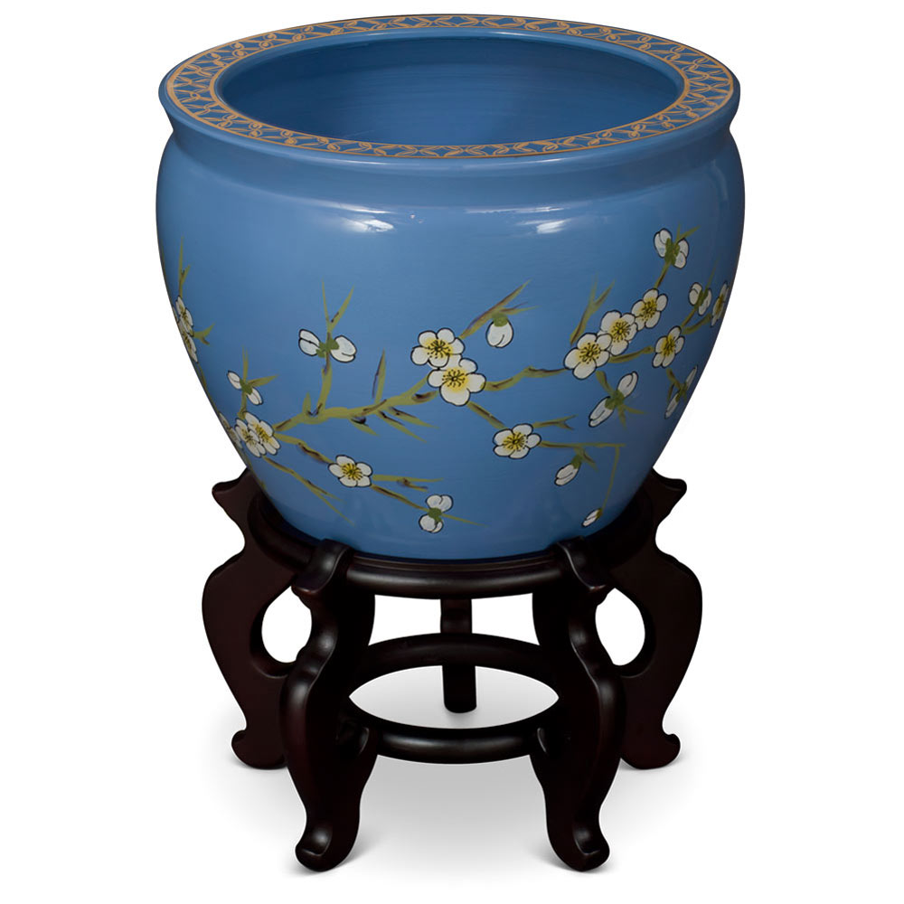 12 Inch Light Blue Porcelain Cherry Blossom Chinese Fishbowl Planter