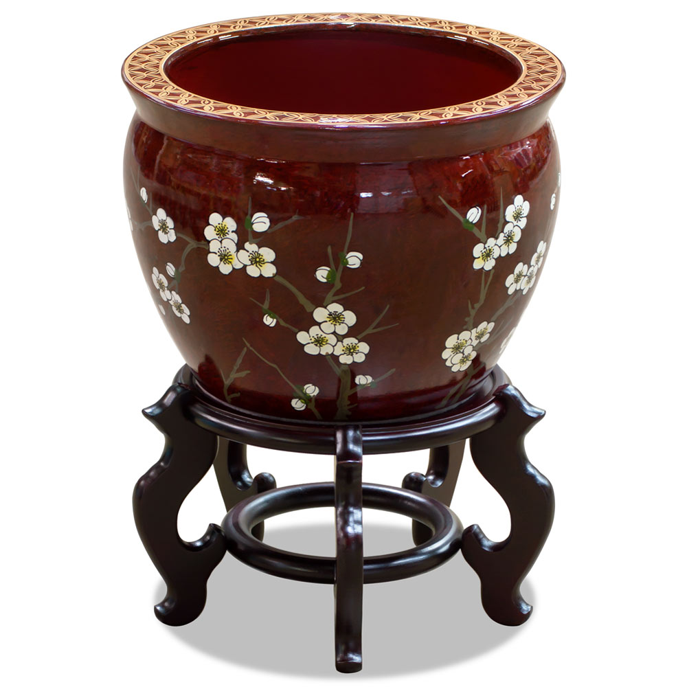 12 Inch Red Porcelain Cherry Blossom Chinese Fishbowl Planter