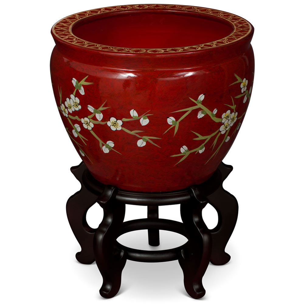 12 Inch Red Porcelain Cherry Blossom Chinese Fishbowl Planter