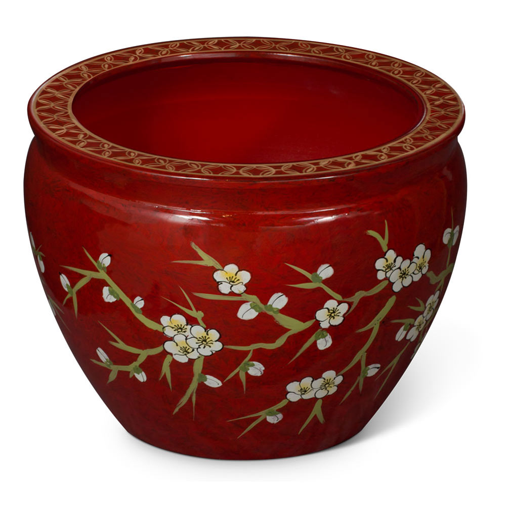 12 Inch Red Porcelain Cherry Blossom Chinese Fishbowl Planter