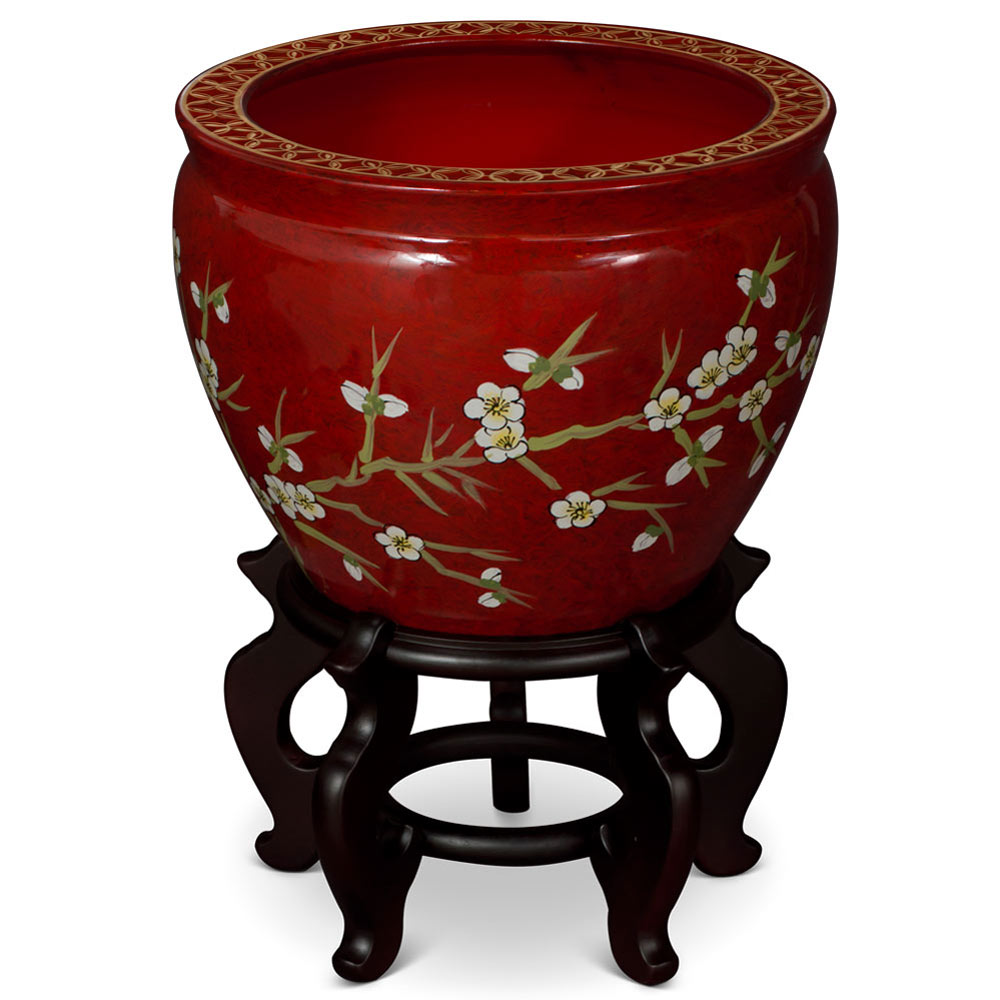 12 Inch Red Porcelain Cherry Blossom Chinese Fishbowl Planter