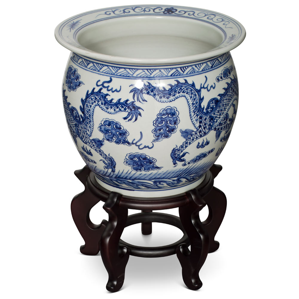 12 Inch Blue and White Porcelain Imperial Dragon Chinese Fishbowl Planter