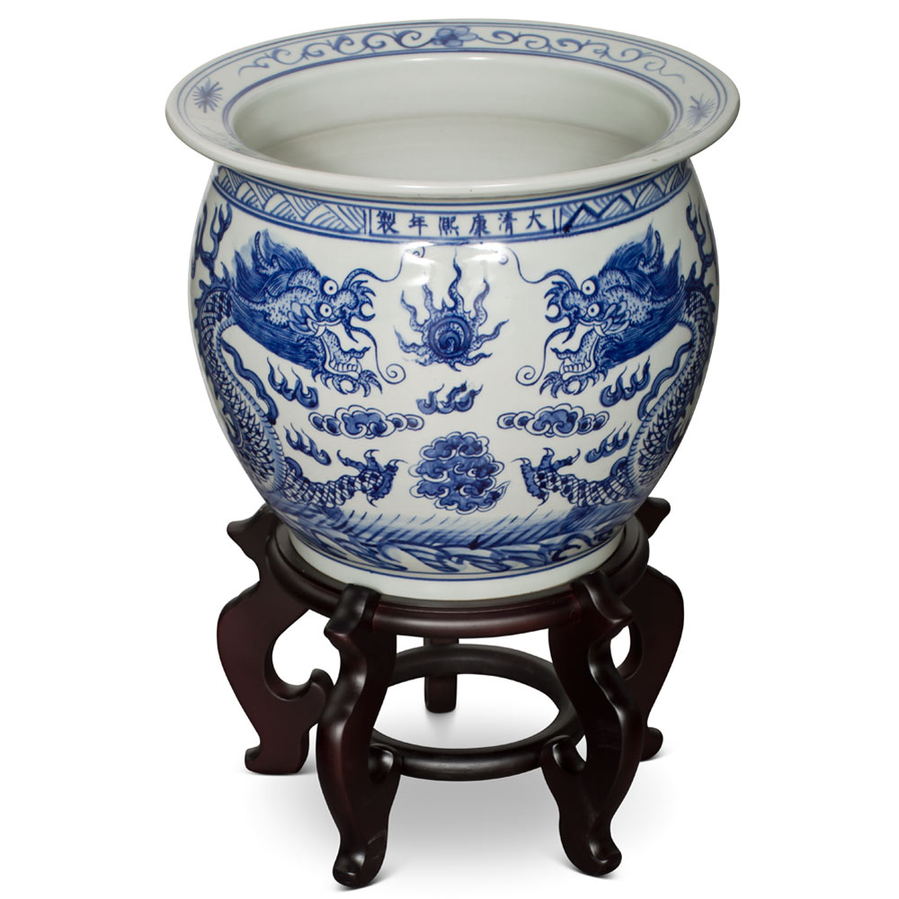 12 Inch Blue and White Porcelain Imperial Dragon Chinese Fishbowl Planter