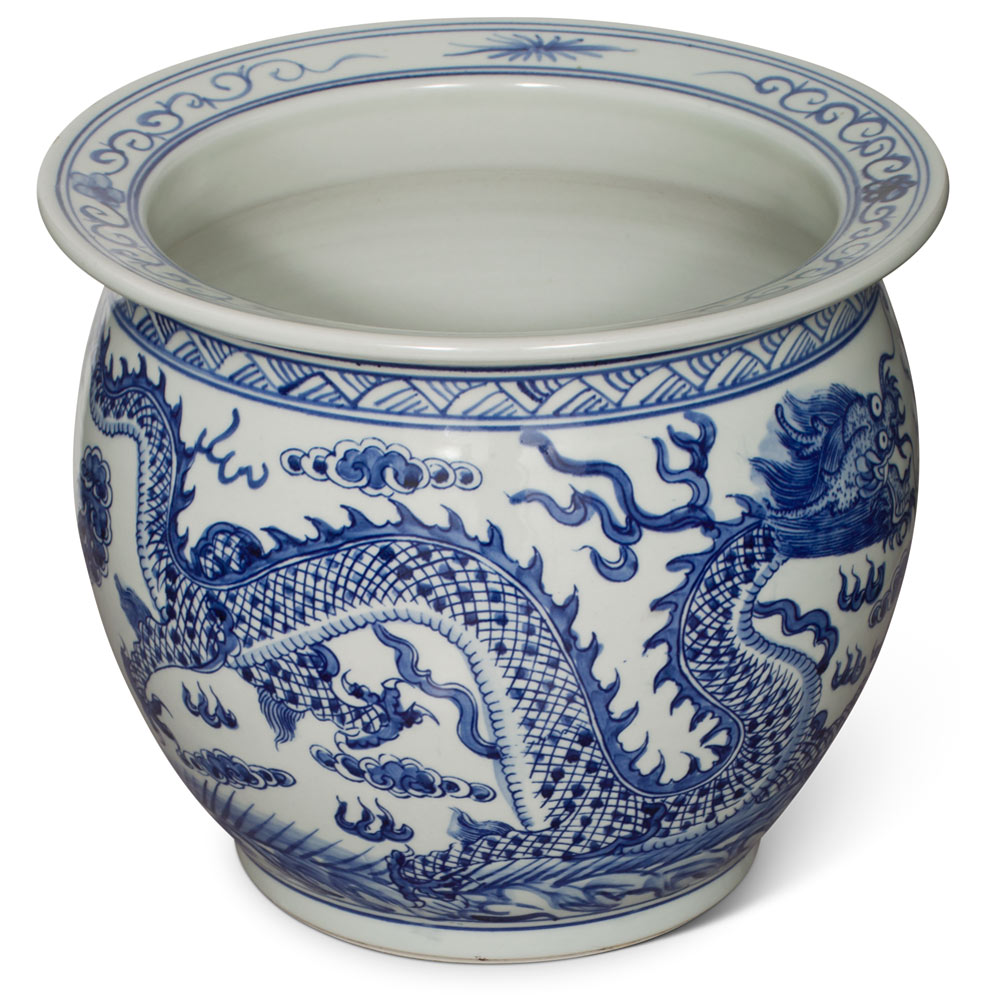 12 Inch Blue and White Porcelain Imperial Dragon Chinese Fishbowl Planter