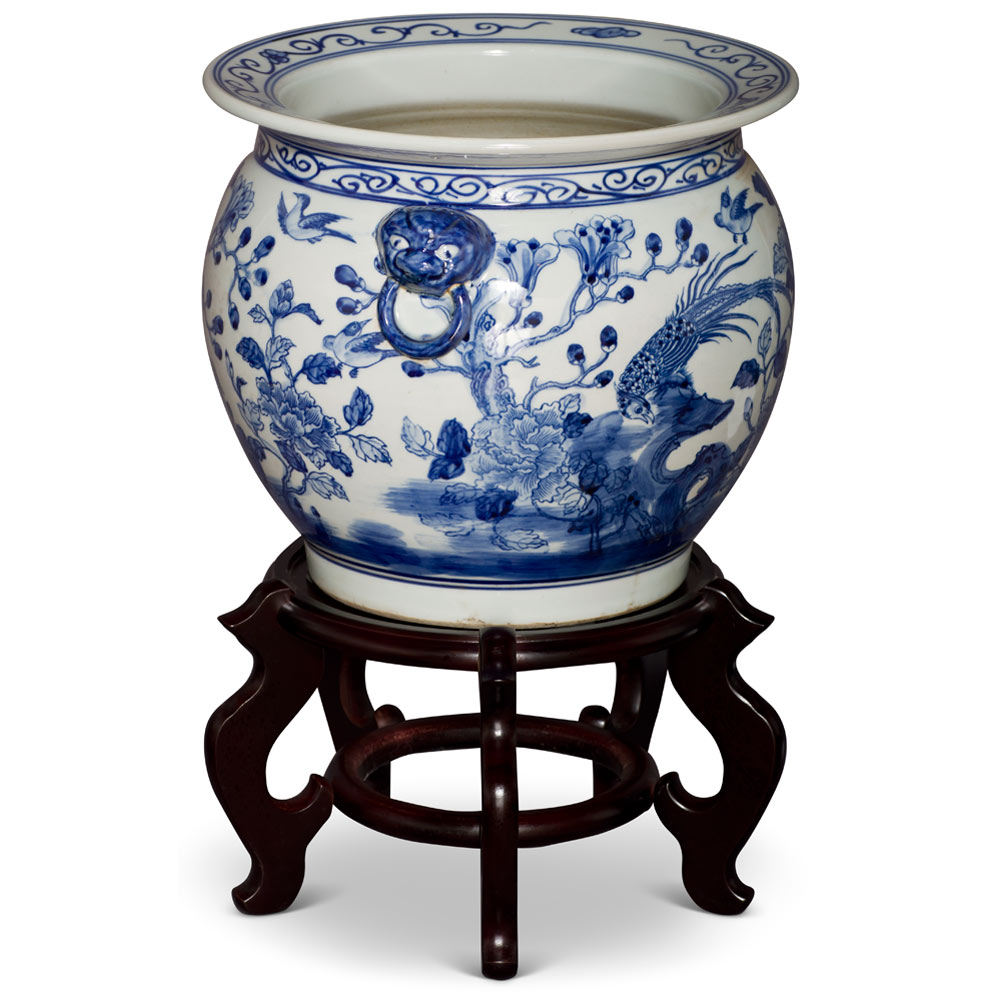 12 Inch Blue and White Porcelain Bird and Flower Motif Oriental Fishbowl Planter