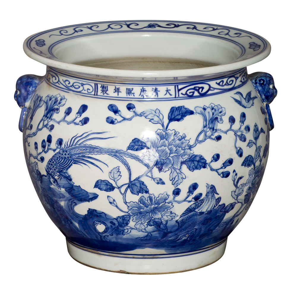 12 Inch Blue and White Porcelain Bird and Flower Motif Oriental Fishbowl Planter