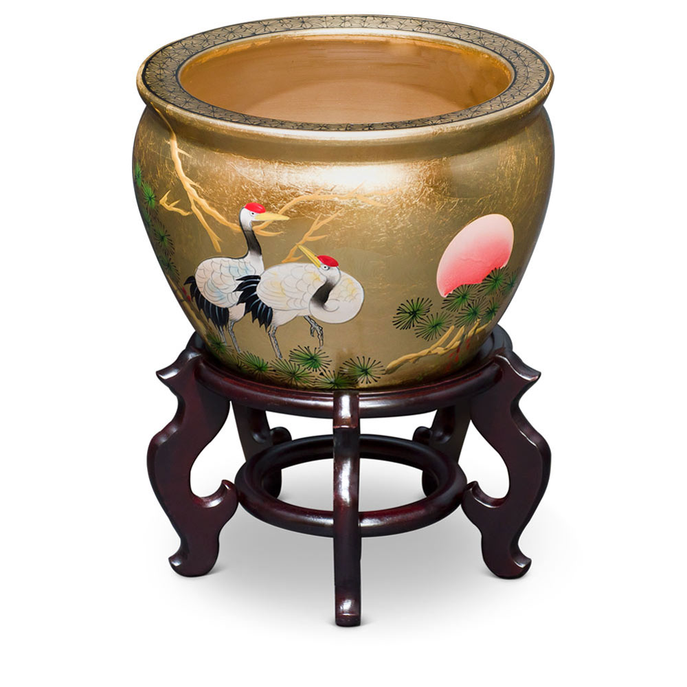 12 Inch Gold Leaf Longevity Cranes Chinese Fishbowl Planter