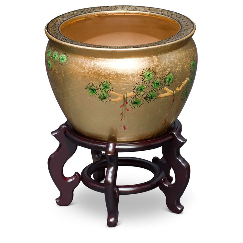 12 Inch Gold Leaf Longevity Cranes Chinese Fishbowl Planter