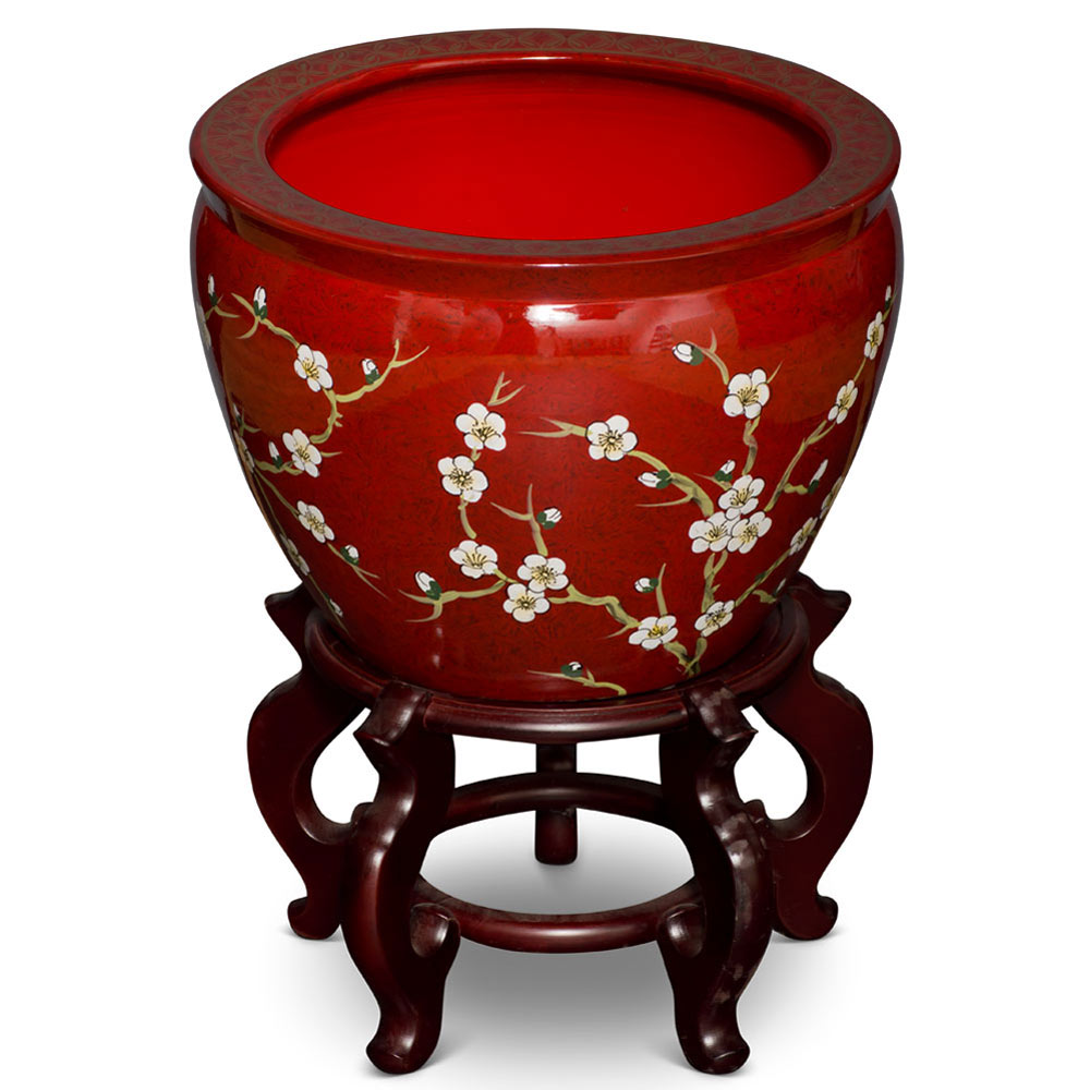 14 Inch Red Cherry Blossom Design Chinese Fishbowl Planter