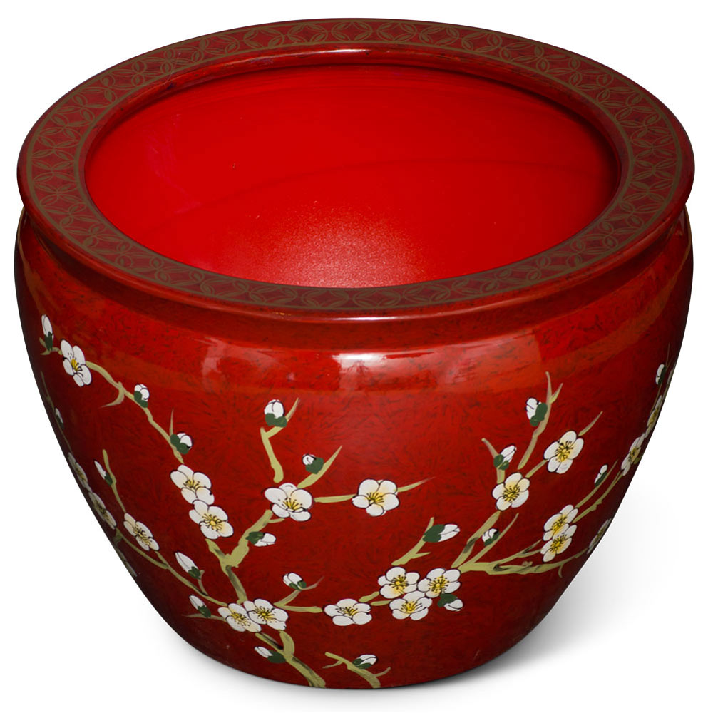 14 Inch Red Cherry Blossom Design Chinese Fishbowl Planter