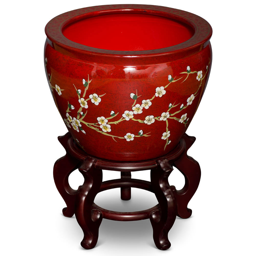 14 Inch Red Cherry Blossom Design Chinese Fishbowl Planter