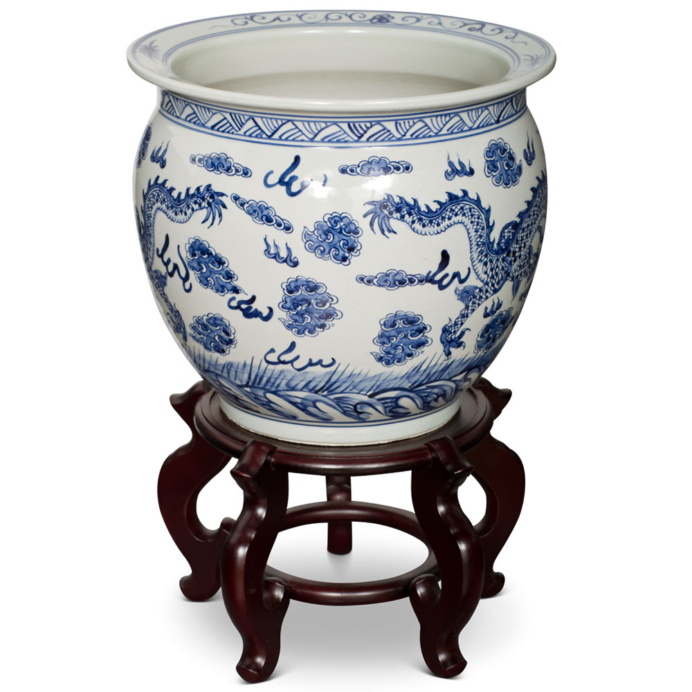 14 Inch Blue and White Porcelain Imperial Dragon Chinese Fishbowl Planter