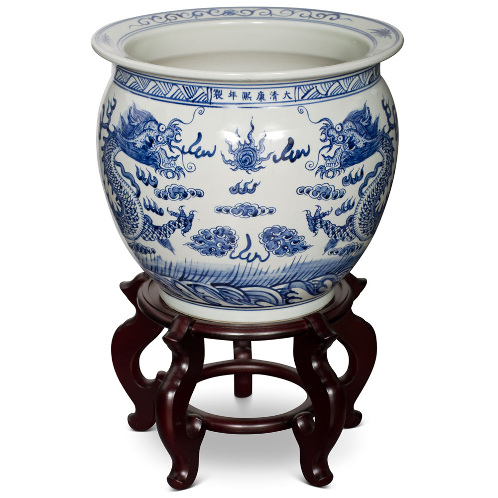 14 Inch Blue and White Porcelain Imperial Dragon Chinese Fishbowl Planter