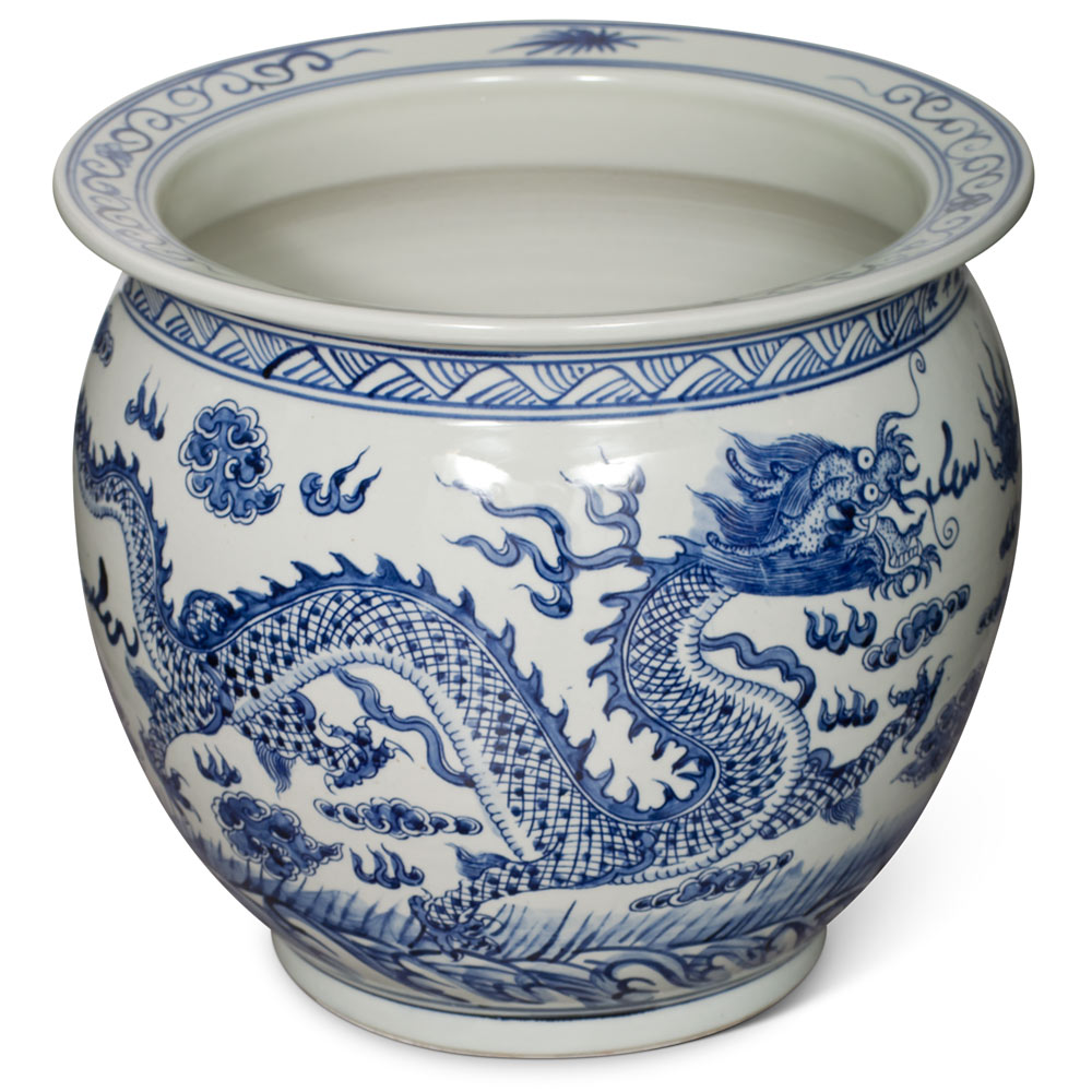 14 Inch Blue and White Porcelain Imperial Dragon Chinese Fishbowl Planter