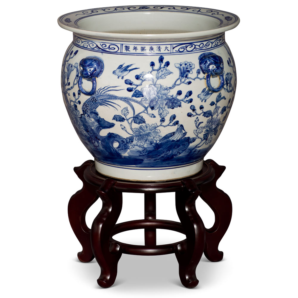 14 Inch Blue and White Porcelain Bird and Flower Motif Oriental Fishbowl Planter