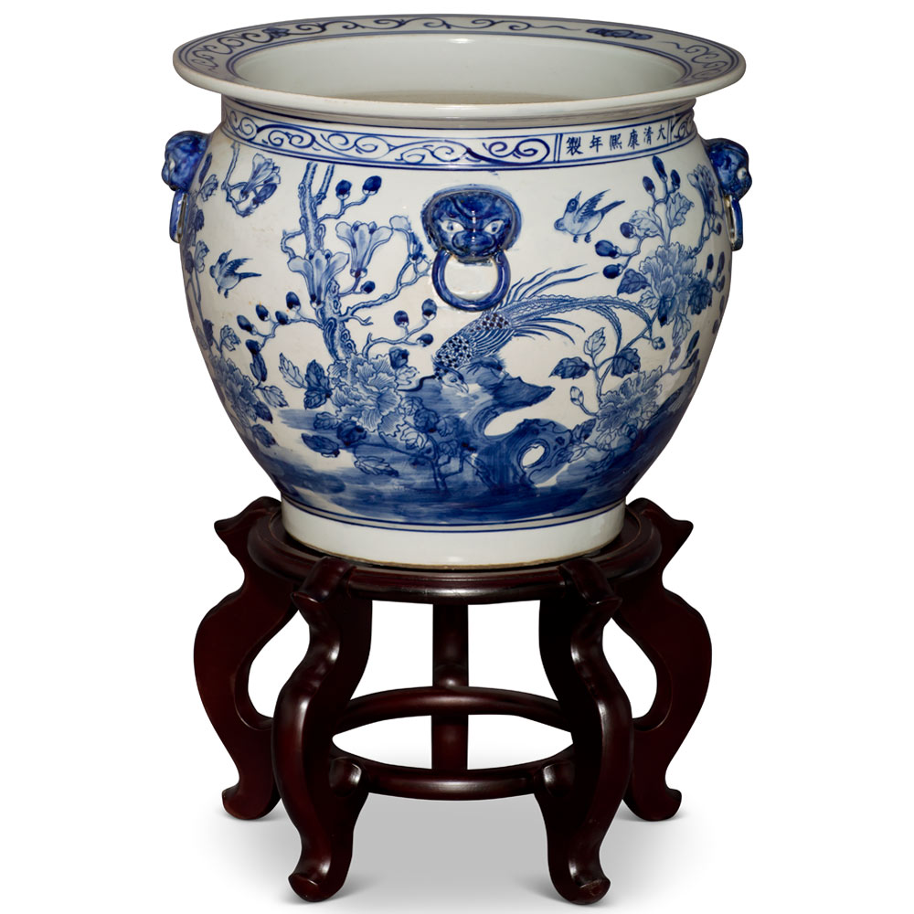 14 Inch Blue and White Porcelain Bird and Flower Motif Oriental Fishbowl Planter