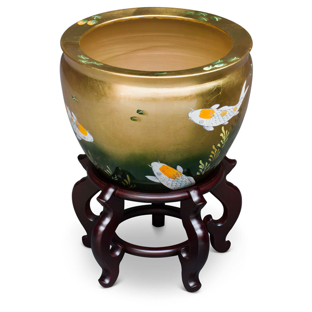 14 Inch Gold Prosperity Koi Design Chinese Fishbowl Planter