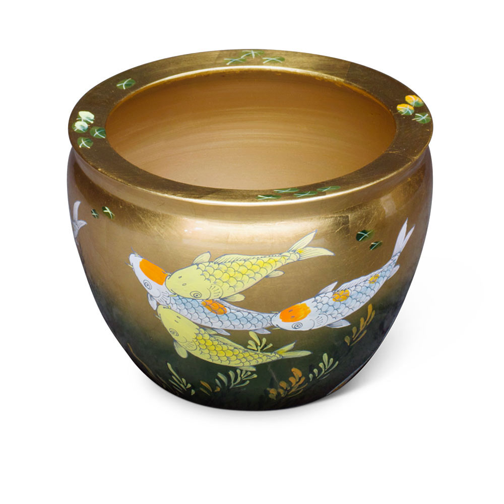 14 Inch Gold Prosperity Koi Design Chinese Fishbowl Planter