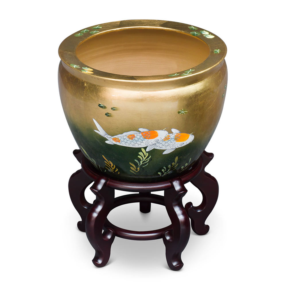 14 Inch Gold Prosperity Koi Design Chinese Fishbowl Planter