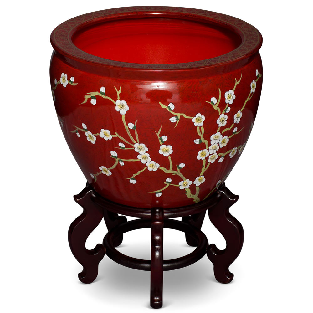 17 Inch Maroon Porcelain Cherry Blossom Fishbowl Planter