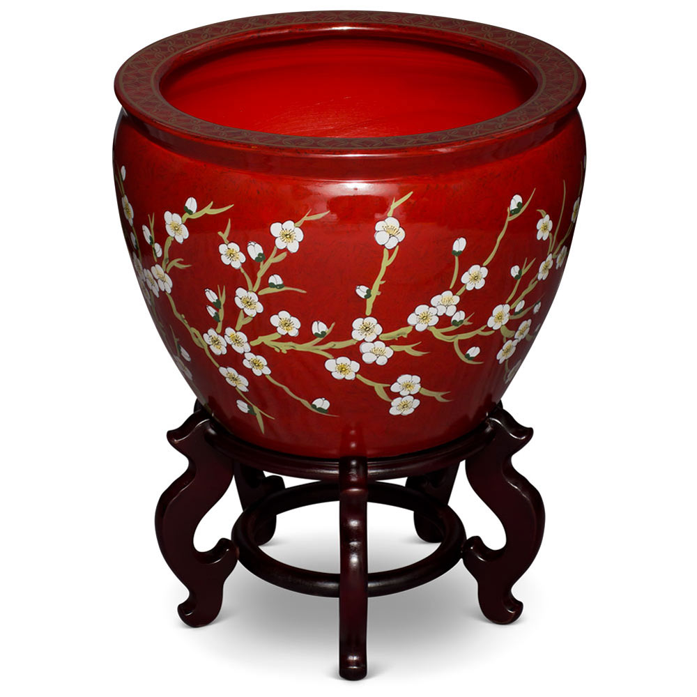 17 Inch Maroon Porcelain Cherry Blossom Fishbowl Planter