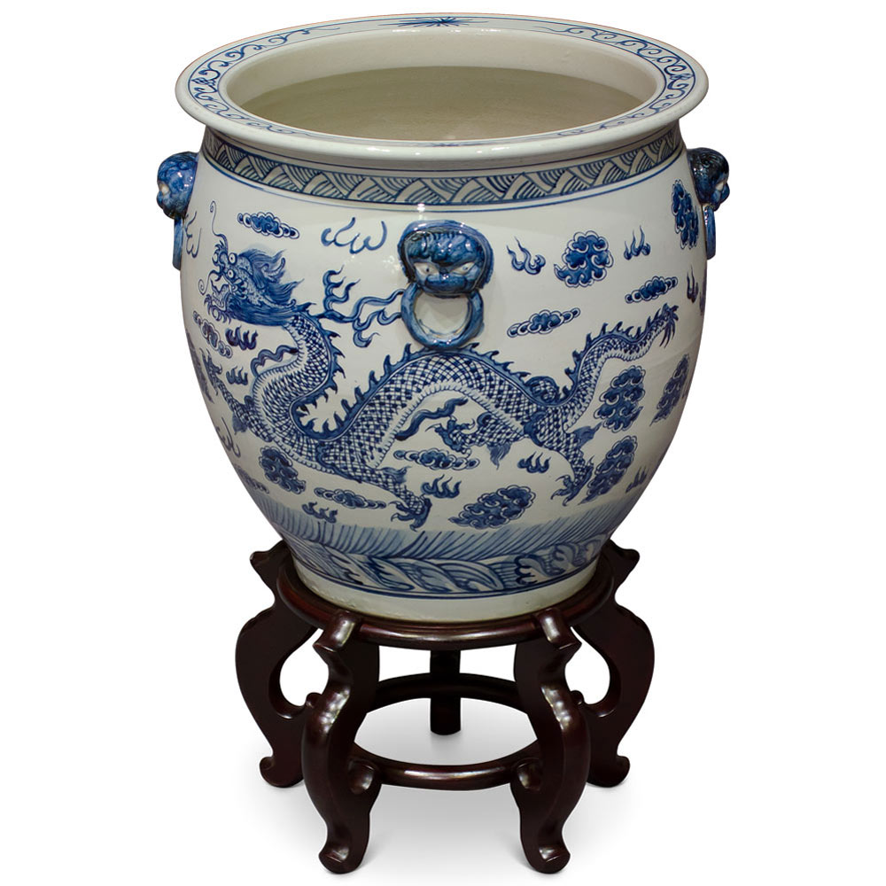 16 Inch Blue and White Porcelain Imperial Dragon Chinese Fishbowl Planter