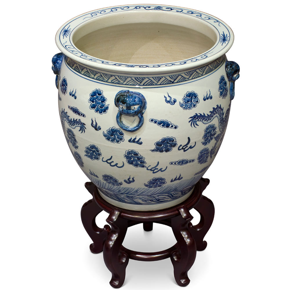 16 Inch Blue and White Porcelain Imperial Dragon Chinese Fishbowl Planter