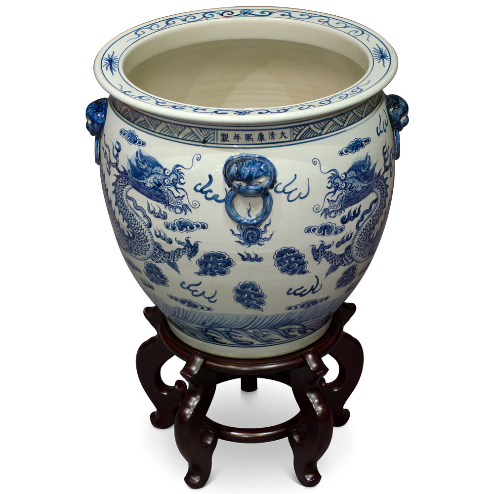 16 Inch Blue and White Porcelain Imperial Dragon Chinese Fishbowl Planter