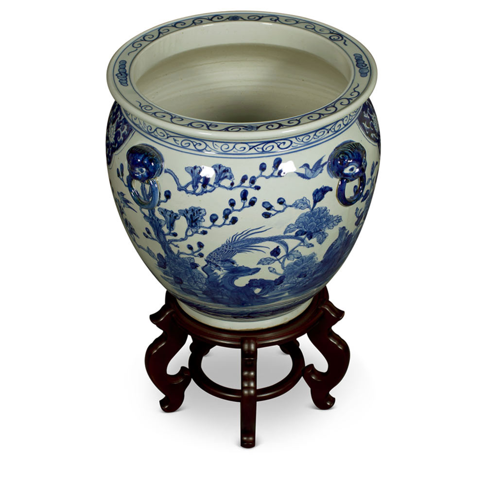 15.5 Inch Blue and White Porcelain Bird and Flower Chinese Fishbowl Planter