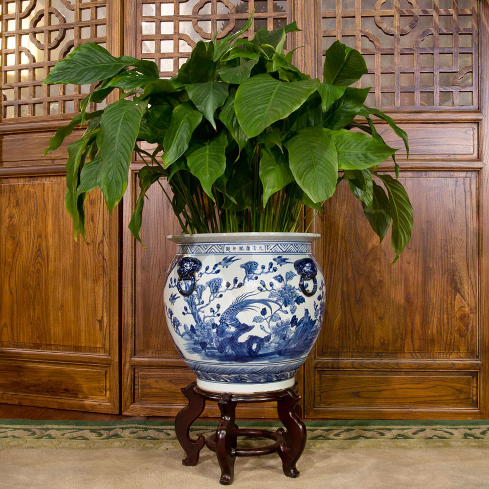 15.5 Inch Blue and White Porcelain Bird and Flower Chinese Fishbowl Planter