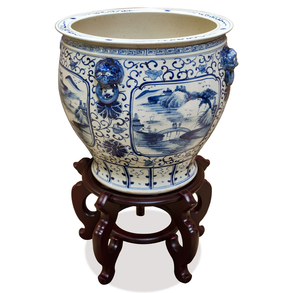 16.5 Inch Blue and White Porcelain Scenery Motif Chinese Fishbowl Planter