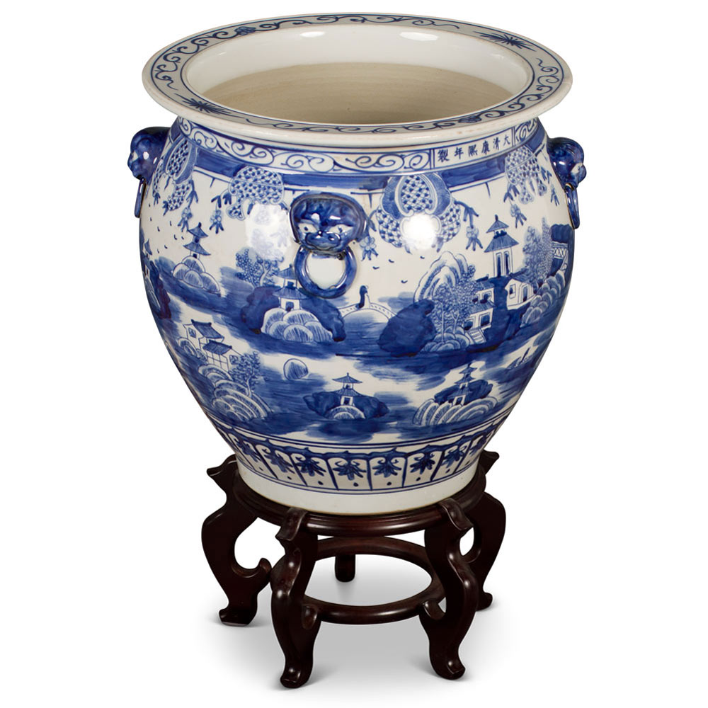 16 Inch Blue and White Porcelain Chinoiserie Village Scenery Oriental Fishbowl Planter