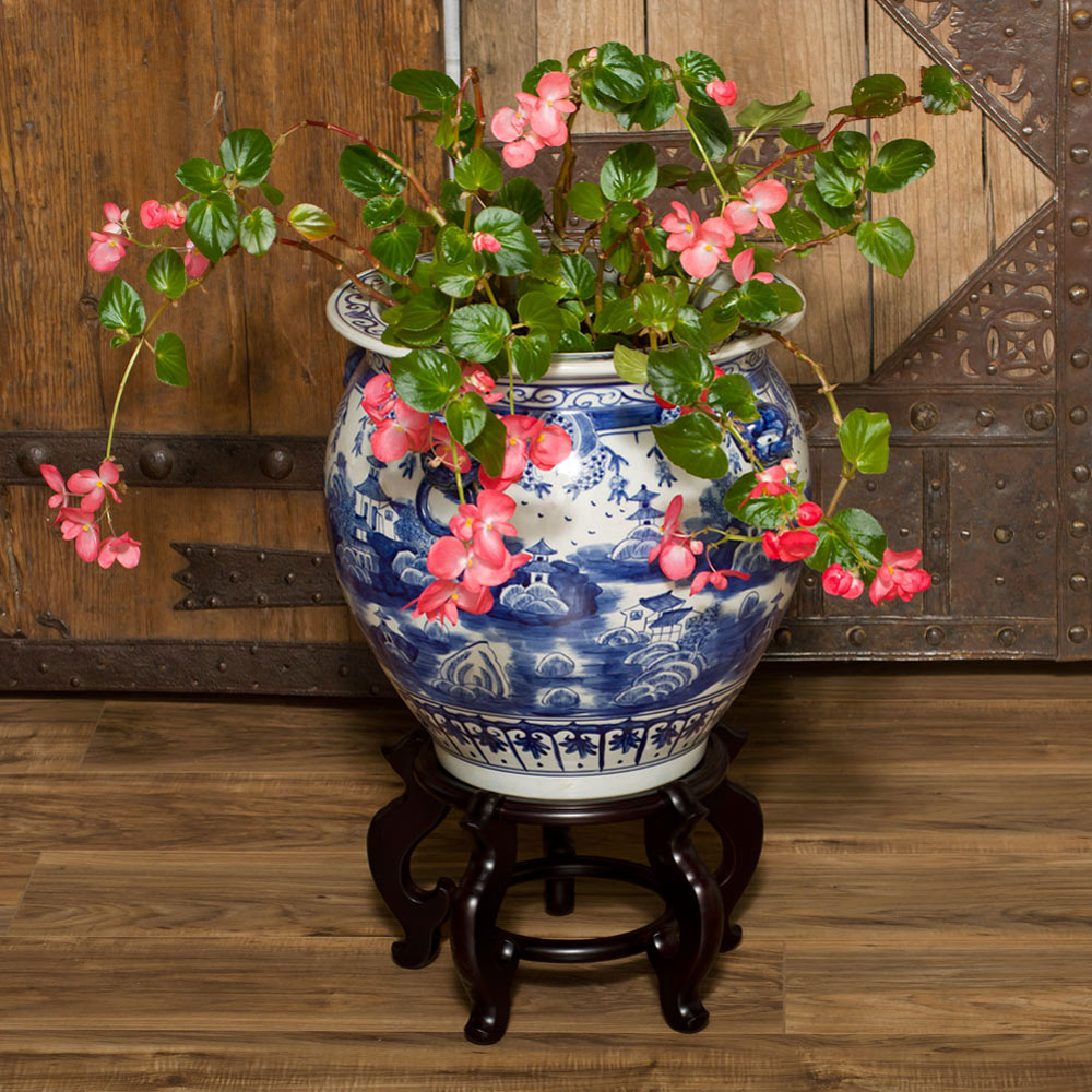 16 Inch Blue and White Porcelain Chinoiserie Village Scenery Oriental Fishbowl Planter