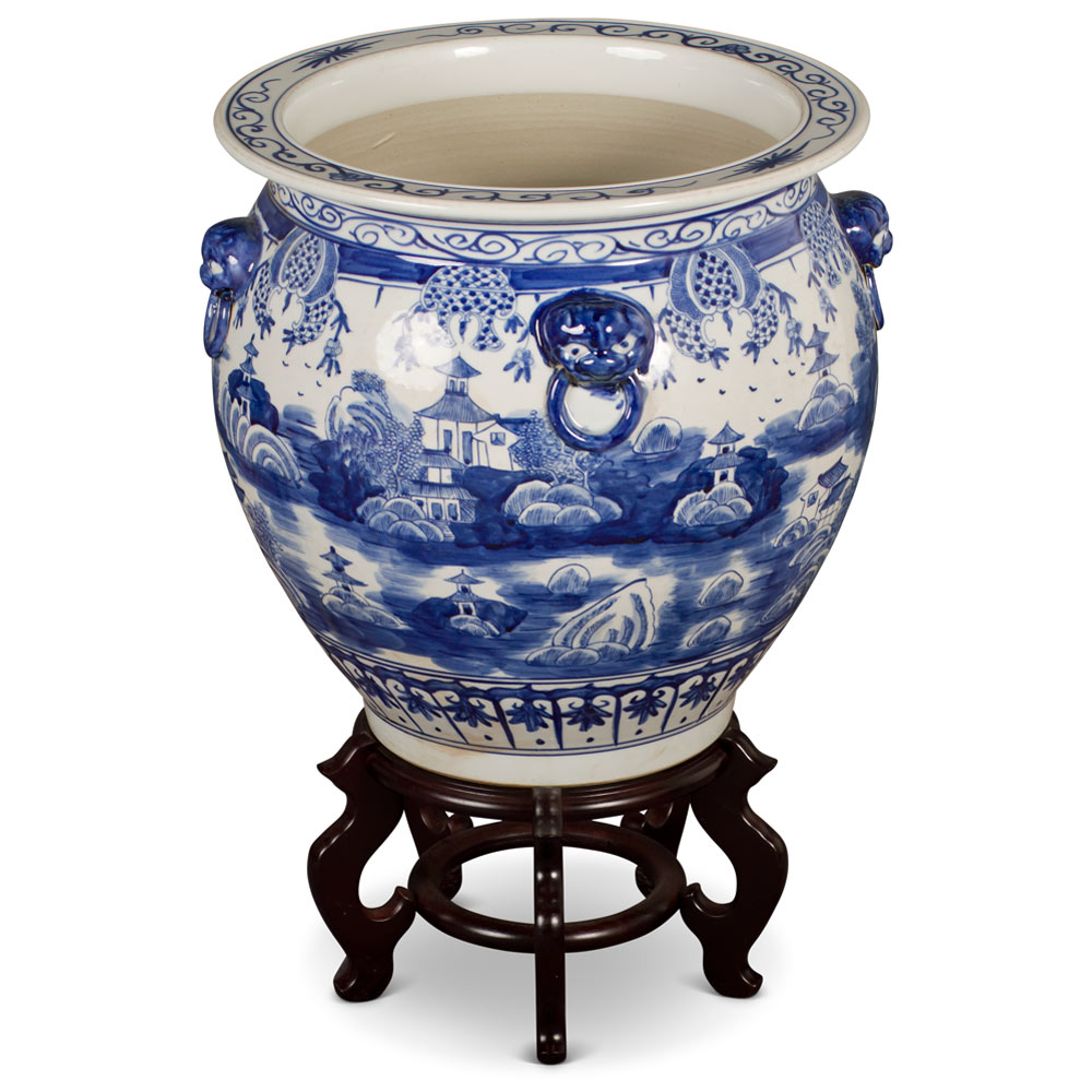 16 Inch Blue and White Porcelain Chinoiserie Village Scenery Oriental Fishbowl Planter