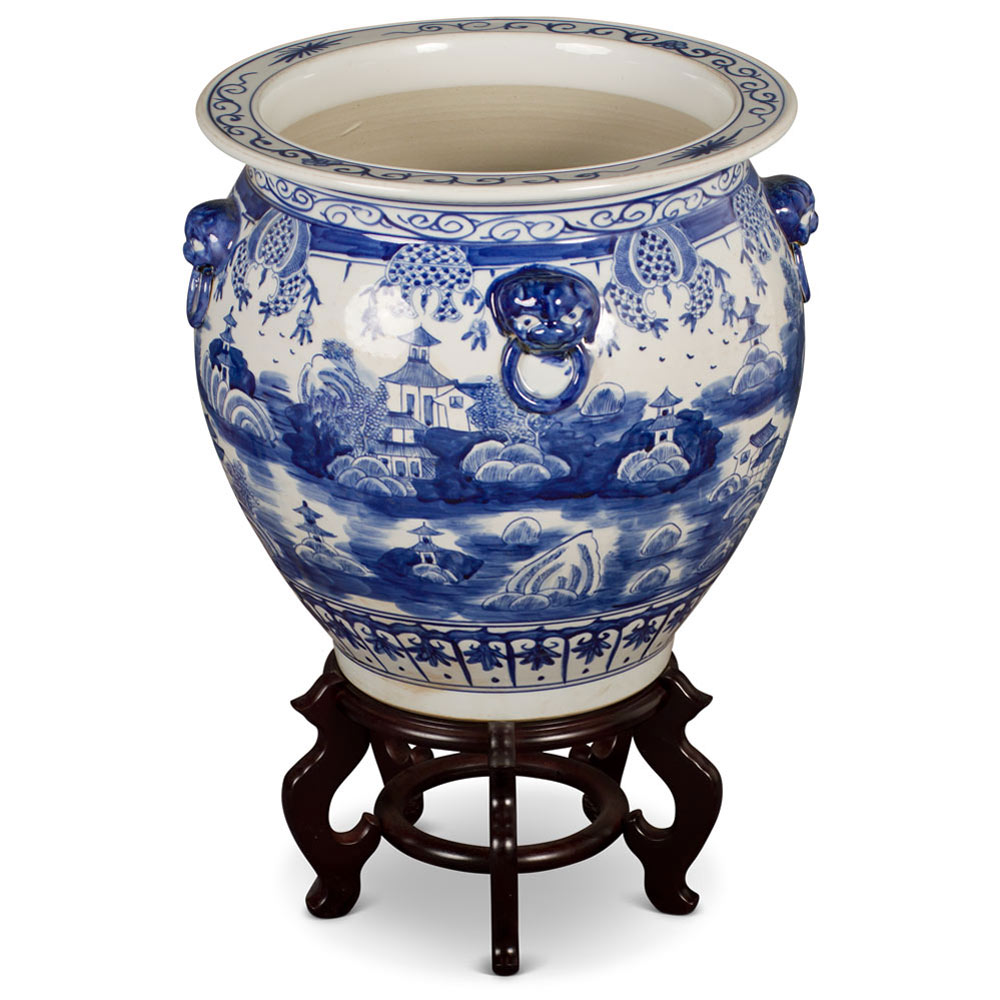 16 Inch Blue and White Porcelain Chinoiserie Village Scenery Oriental Fishbowl Planter