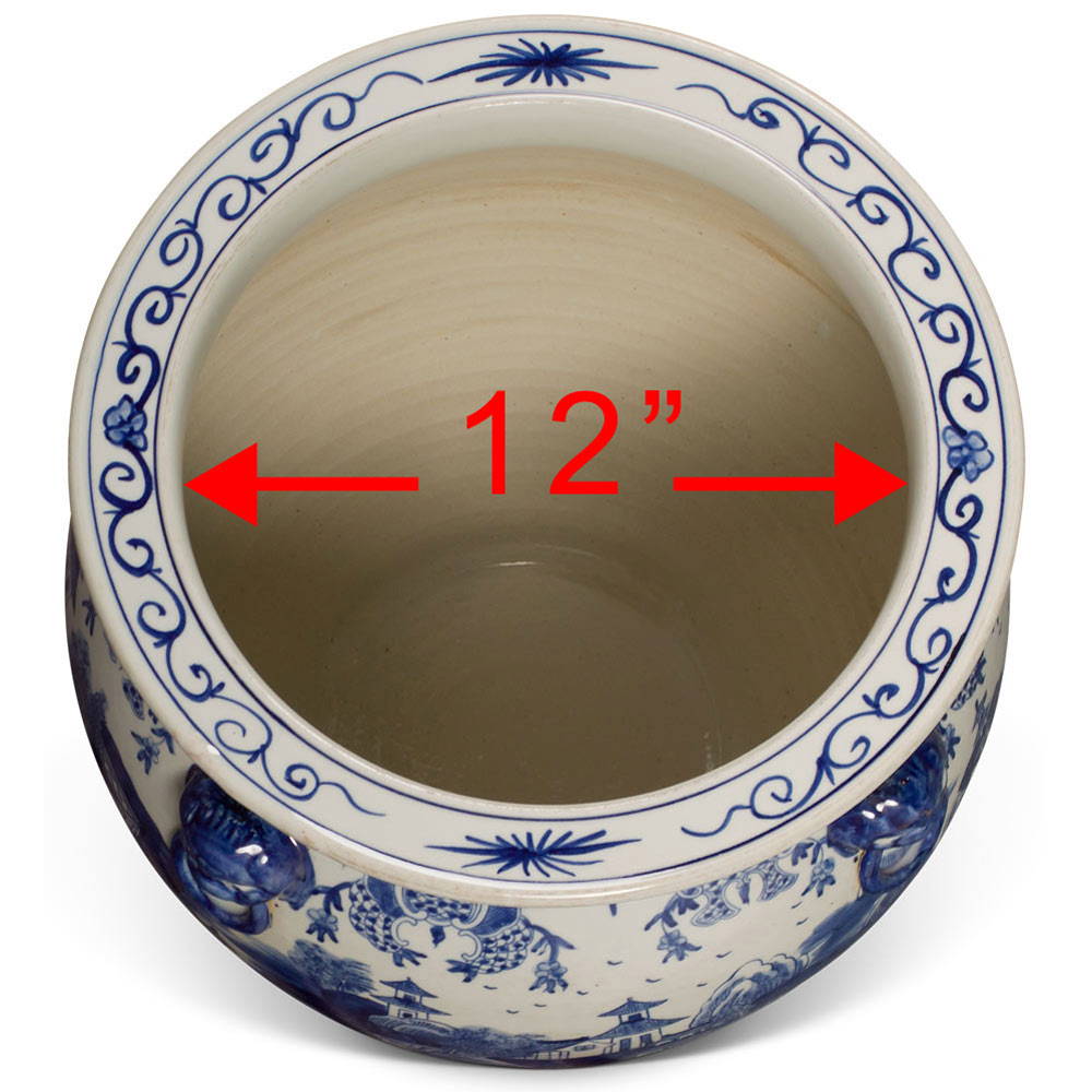 16 Inch Blue and White Porcelain Chinoiserie Village Scenery Oriental Fishbowl Planter