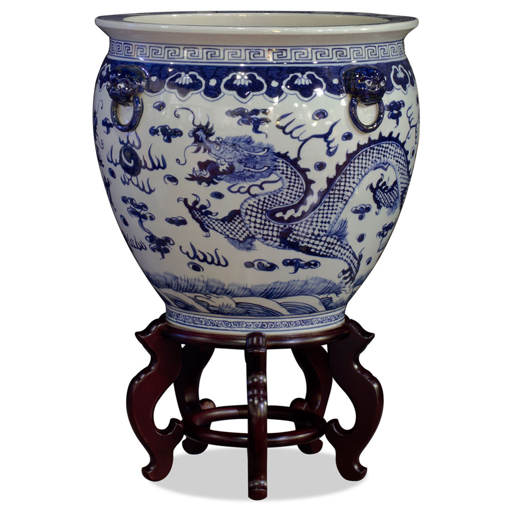 16 Inch Blue and White Porcelain Prosperity Dragon Canton Fishbowl Planter