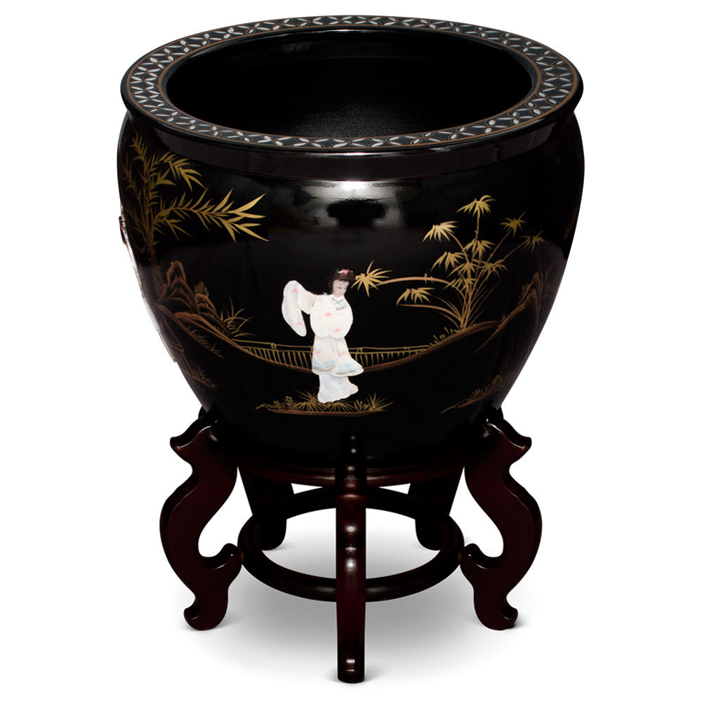 17 Inch Black Mother of Pearl Figurine Chinese Fishbowl Planter