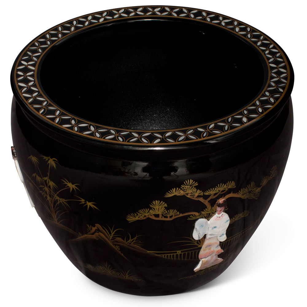 17 Inch Black Mother of Pearl Figurine Chinese Fishbowl Planter