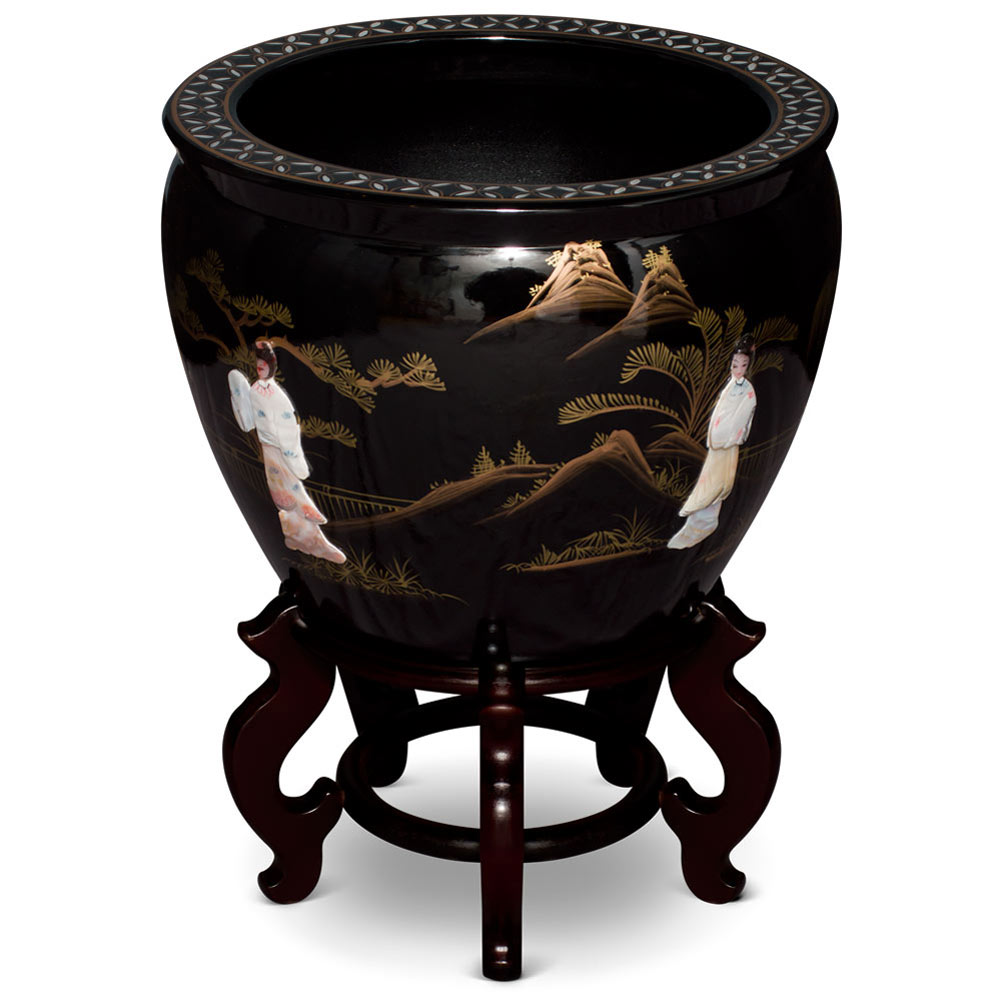 17 Inch Black Mother of Pearl Figurine Chinese Fishbowl Planter